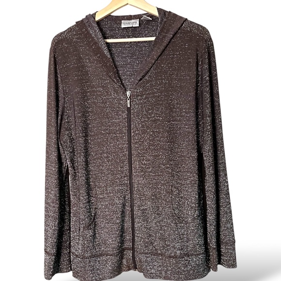 CHICO’S Travelers Lurex Thread Full Zip Brown Hoodie MADE IN USA US Sz L - Picture 1 of 9